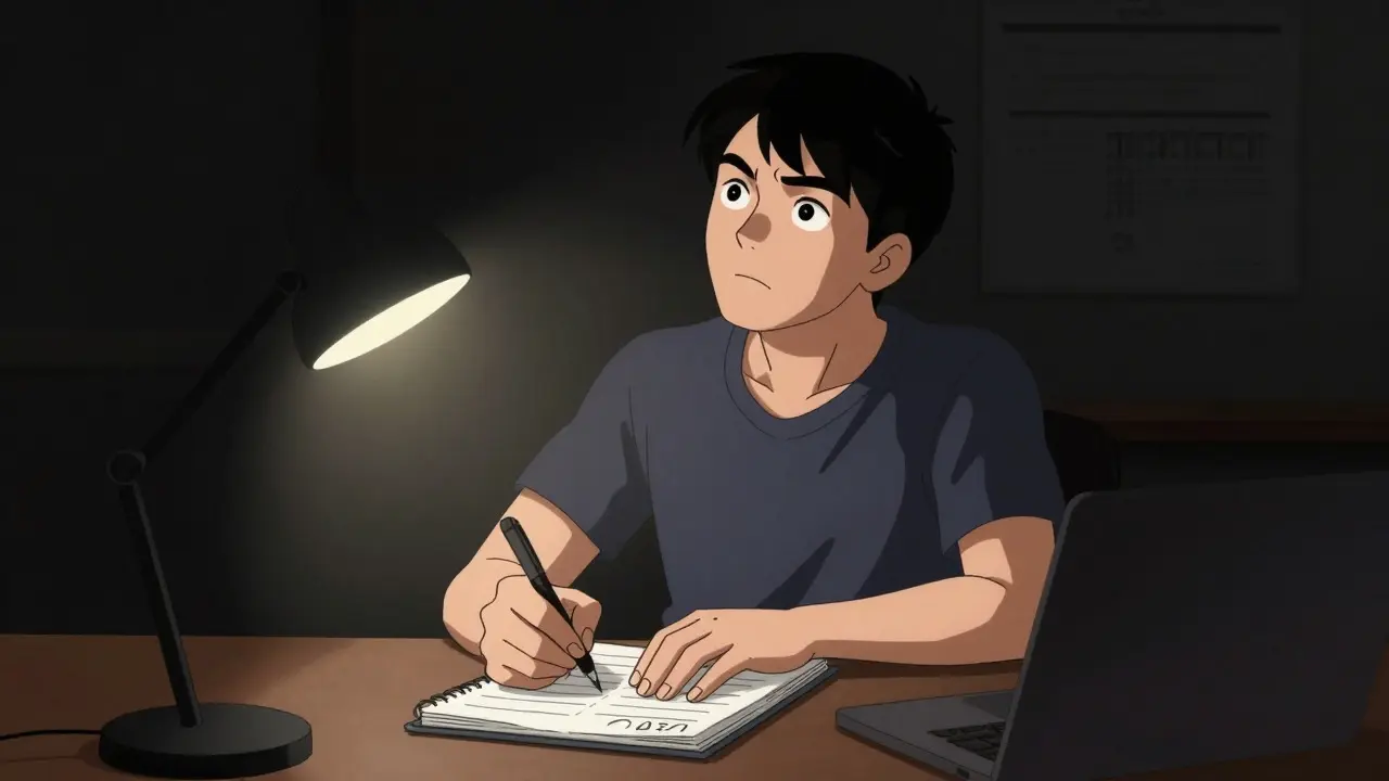 Person writing in journal under spotlight, advocating for safety