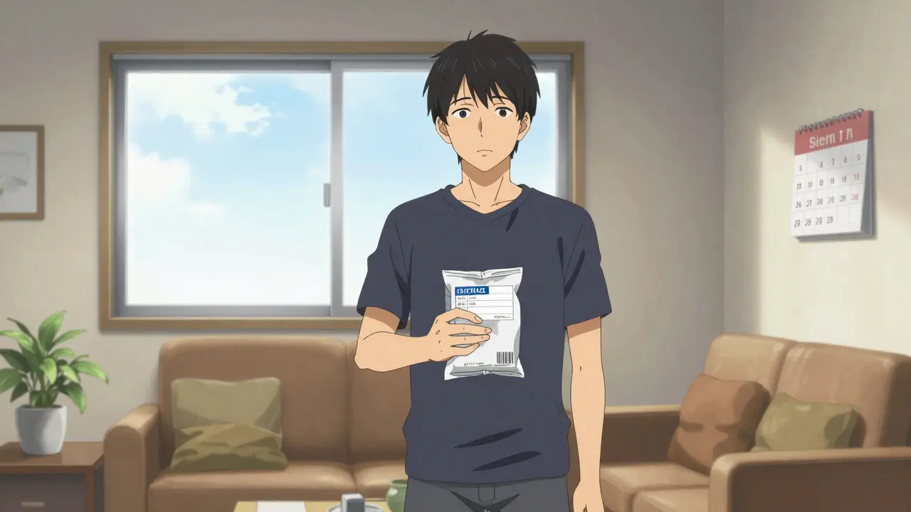 Relieved person holding a medication package indoors