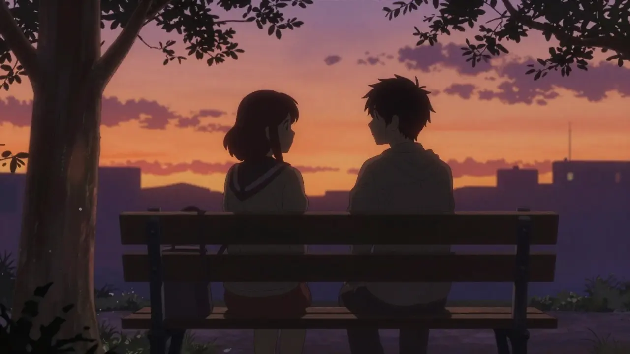 Two people talking on bench at sunset, showing support and care
