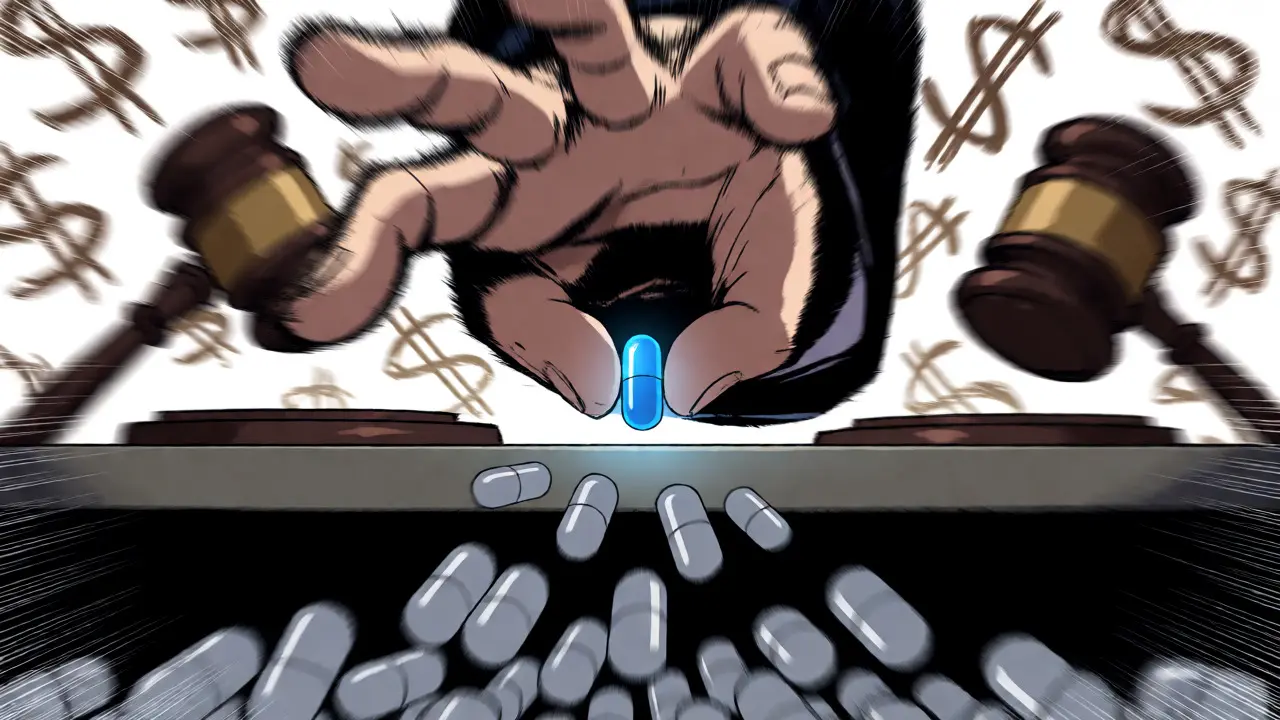 Corporate hand snatching a brand-name drug before generics can reach it in dynamic Gekiga art.