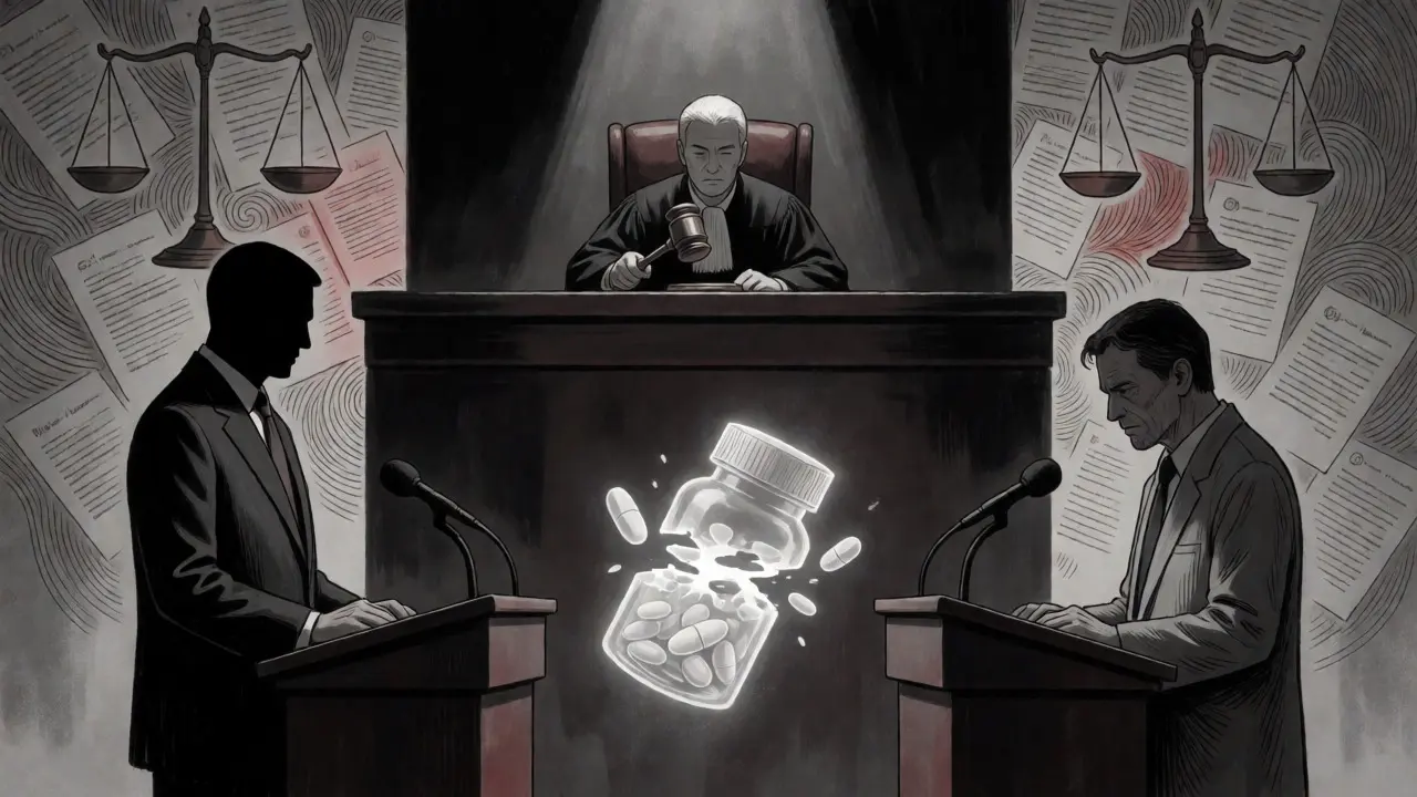 Judge striking a gavel in a dramatic courtroom scene depicting antitrust legal battles.